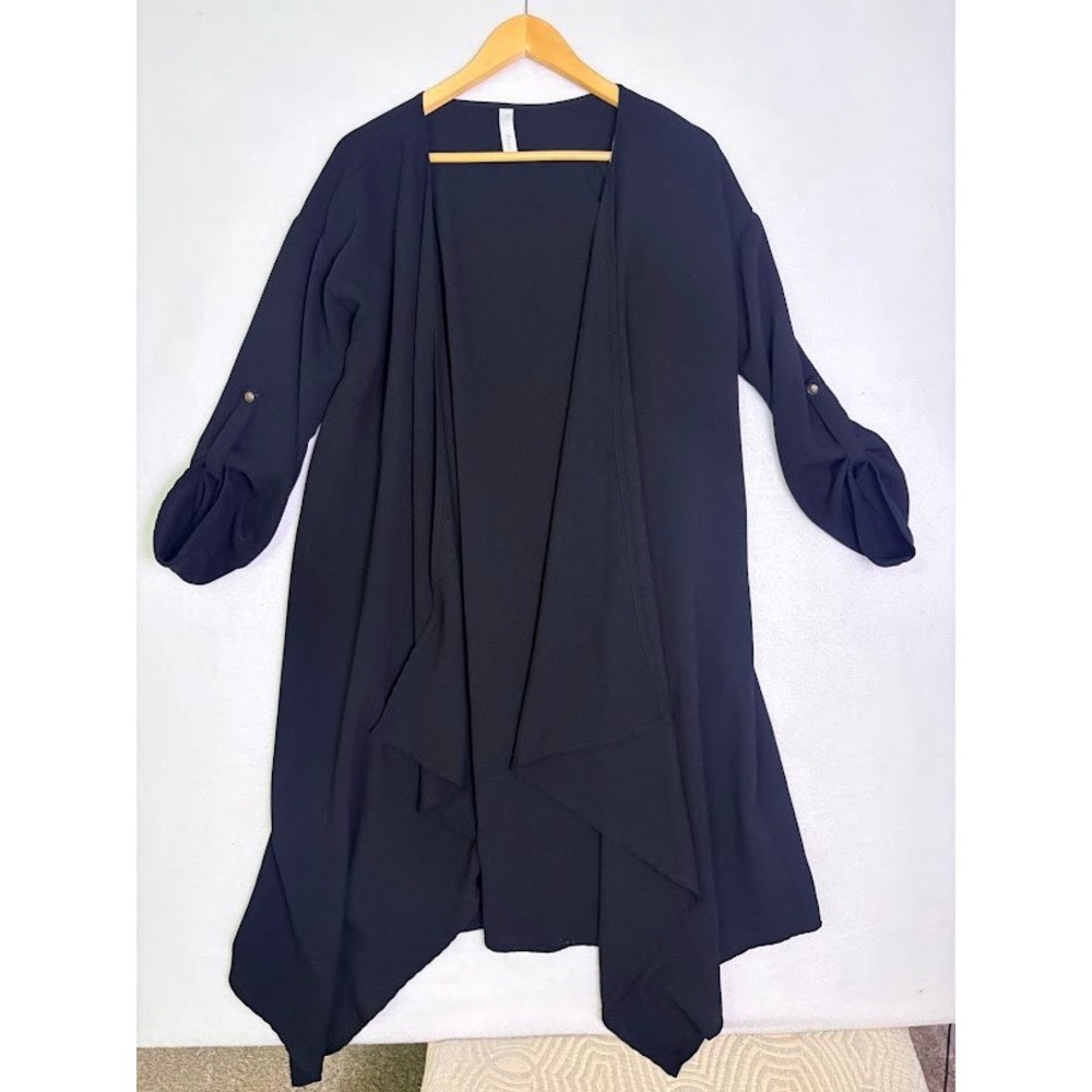 Primi Cardigan Womens OS Black Excellent Duster Open Front Roll Tab Sleeve